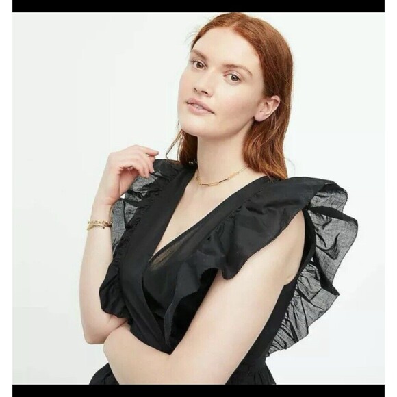 J. Crew Ruffle Sleeve Voile Dress Women's S Black 100% Cotton V-Neck A-Line - Picture 16 of 16
